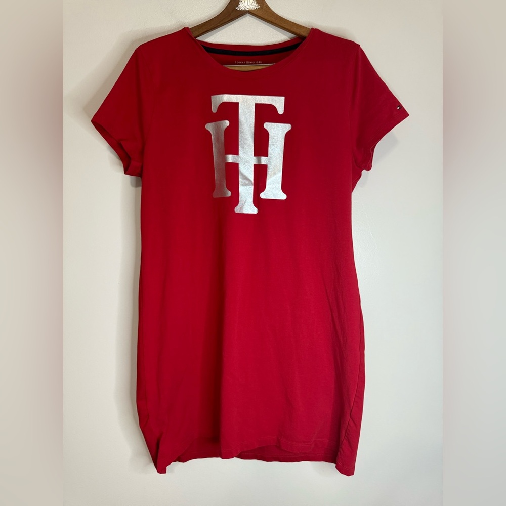 Tommy Hilfiger Red with silver Logo Tee Shirt Dress in size XL